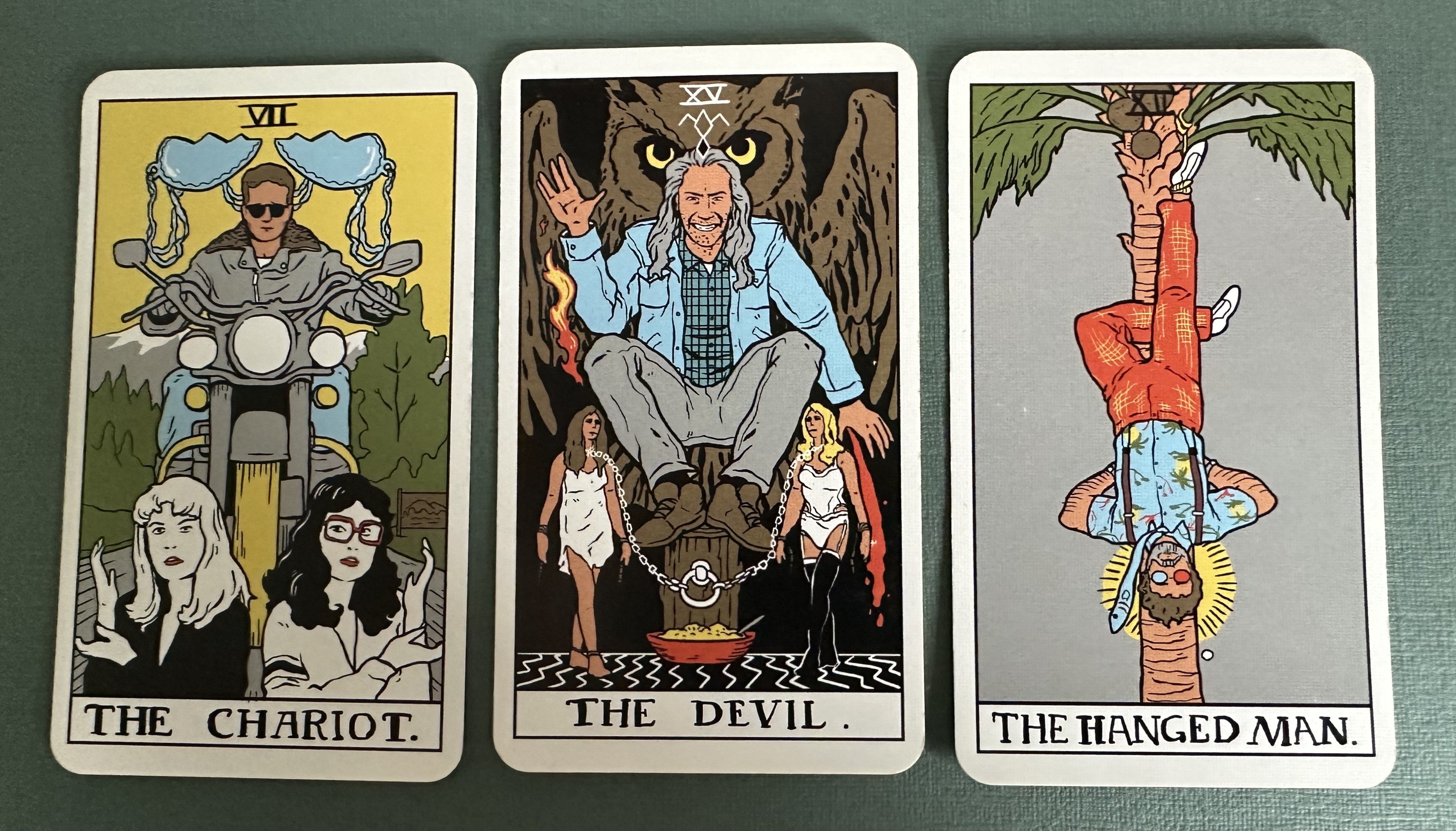 Tarot cards The Chariot, The Devil and The Hanged Man with images from Twin Peaks